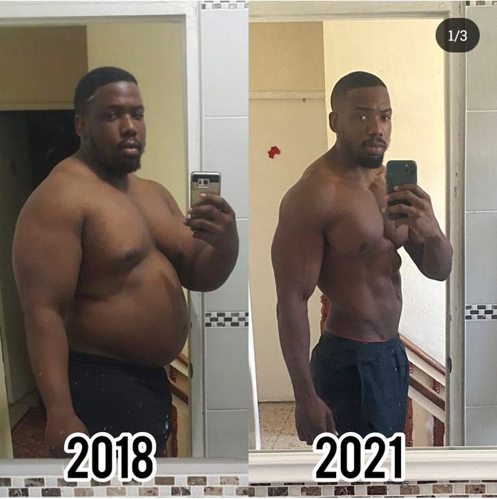 Dramatic fitness journey of a man, showcasing 2018 vs. 2021 results.